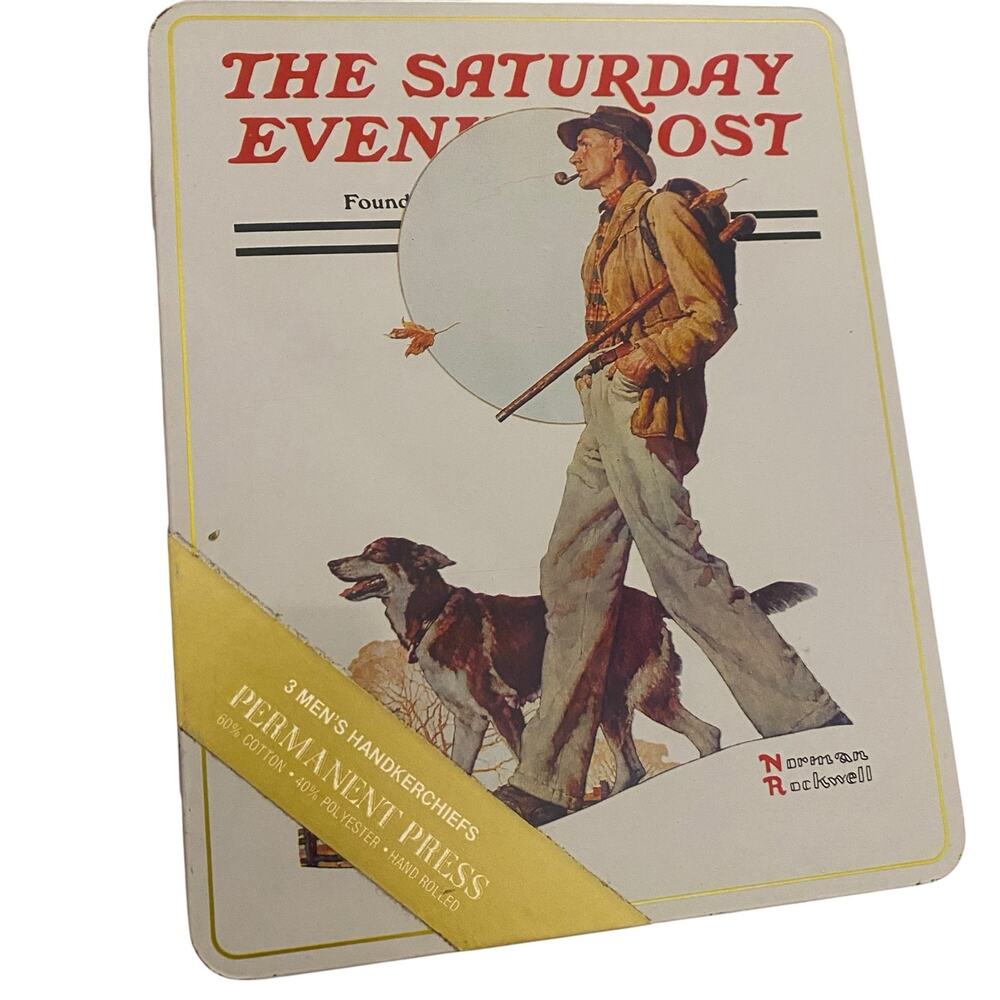 NEW Vintage Saturday Evening Post Tin w/ 3 Men's Handkerchiefs - Norman Rockwell